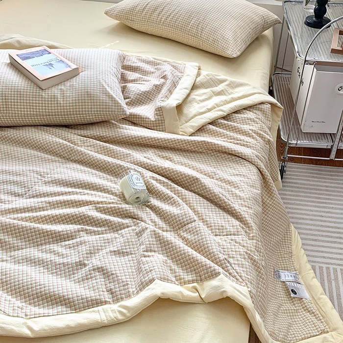 91家纺网 家纺一手货源 找家纺 水洗的故事 2025新款全棉色织水洗棉夏被&四件套 奶黄格