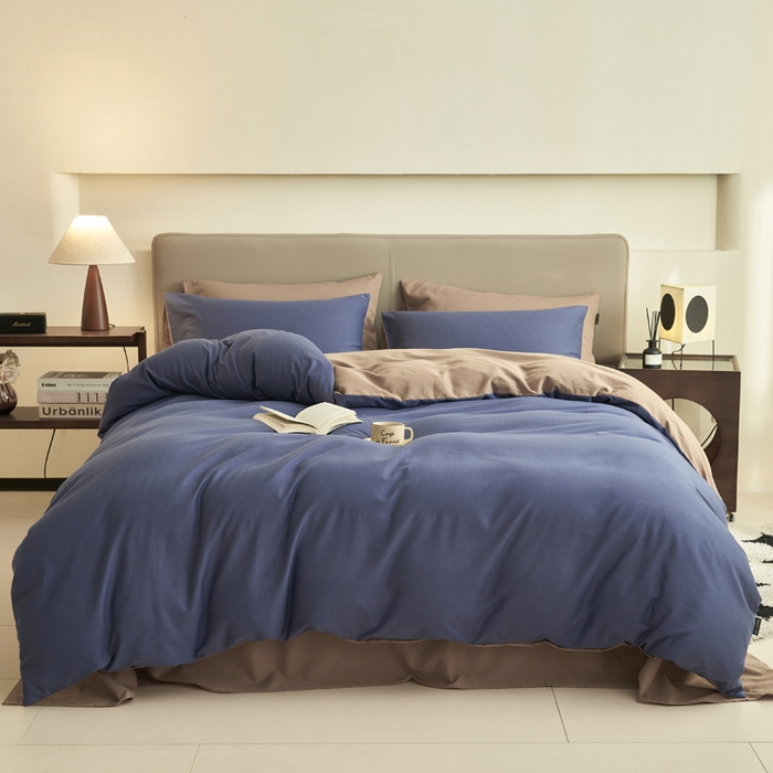 91家纺网 家纺一手货源 找家纺 2025新款全棉13372水洗棉双拼四件套（影棚亮光） 布鲁兰+拾柴