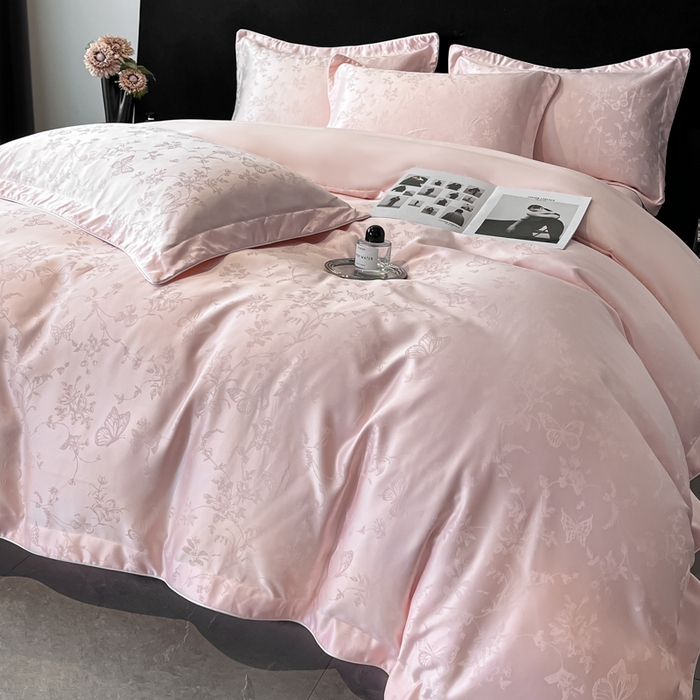 91家纺网 家纺一手货源 找家纺 米彩家纺 2025新款A类水洗真丝天丝提花四件套 雾中花影珍珠粉