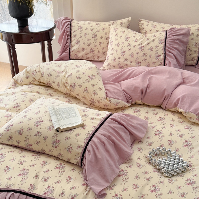 91家纺网 家纺一手货源 找家纺 沐慕 2025新款法式针织双层纱印花系列四件套 赛琳娜