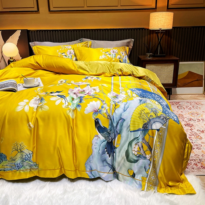 91家纺网 家纺一手货源 找家纺 梵克保罗 2025春夏新款天丝数码大版印花四件套 奥洛琳-金