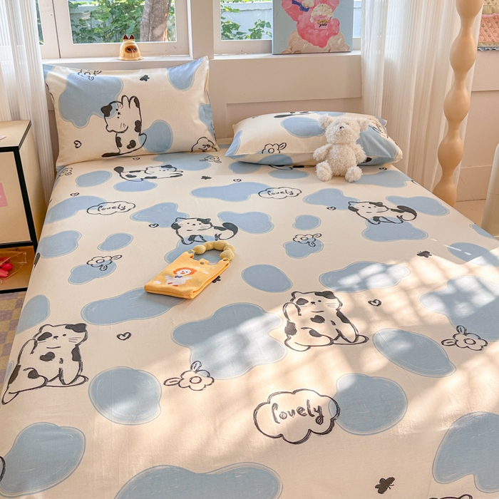 91家纺网 家纺一手货源 找家纺 吉象家纺 2025新款高支密全棉印花单品系列-单床单 奶牛猫