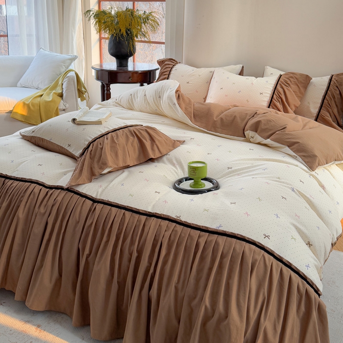 91家纺网 家纺一手货源 找家纺 沐慕 2025新款法式针织双层纱印花系列四件套 蝴蝶结