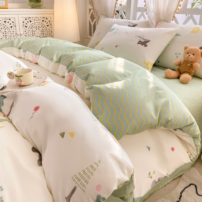 91家纺网 家纺一手货源 找家纺 宜家坊 2025早春新品全棉纯棉喷气13070小清新印花纯棉四件套-风格二 秘森茶话会