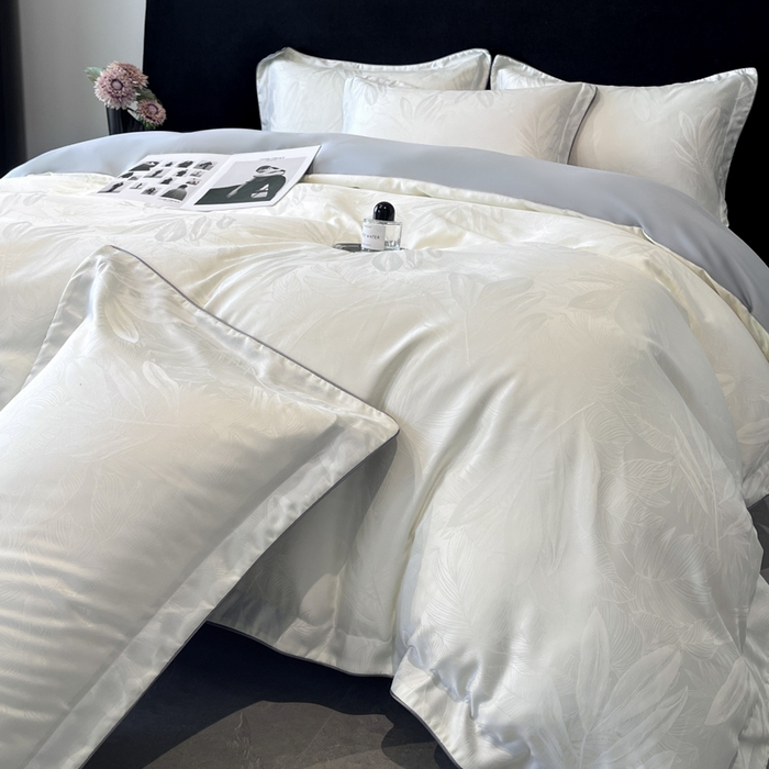 91家纺网 家纺一手货源 找家纺 米彩家纺 2025新款A类水洗真丝天丝提花四件套 一叶深清白拼灰