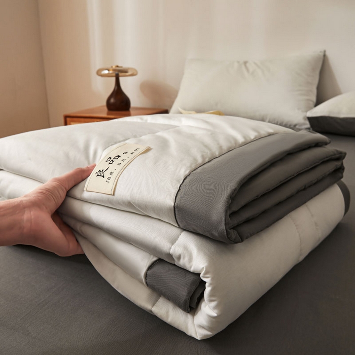 91家纺网 家纺一手货源 找家纺 熙宴家纺 2025新款纯色里外全棉夏被四件套 皓月白+高级灰