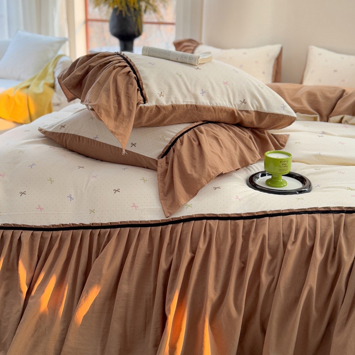 91家纺网 家纺一手货源 找家纺 沐慕 2025新款法式针织双层纱印花系列四件套 蝴蝶结