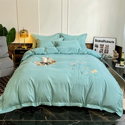 梵克保罗 2025直播热卖长绒棉刺绣花边四件套-烟雨花都 烟雨花都-梵星绿