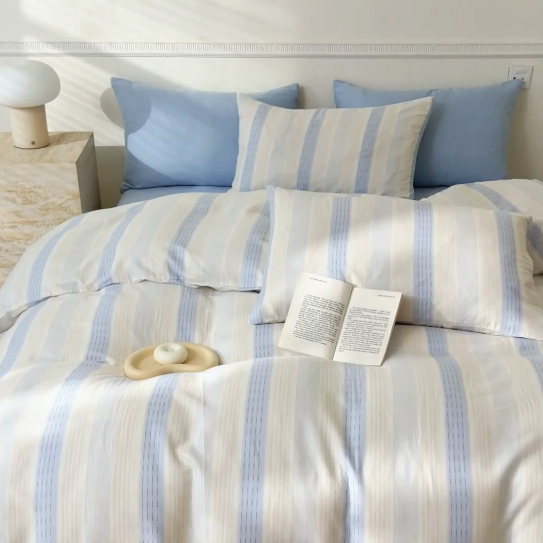 91家纺网 家纺一手货源 找家纺 DoDo 兜兜 2025新款全棉双层纱印花四件套（可定做尺寸） 律动-蓝