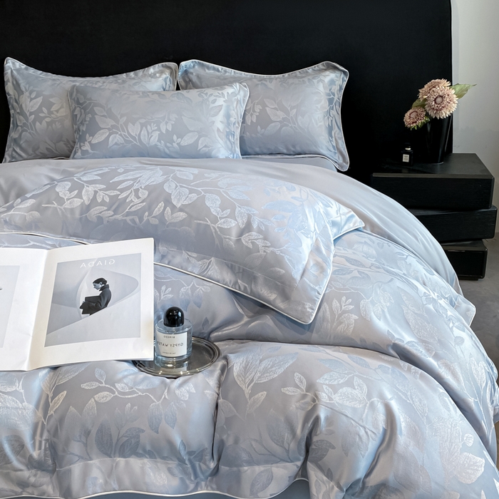91家纺网 家纺一手货源 找家纺 米彩家纺 2025新款A类水洗真丝天丝提花四件套 叶琉璃浅灰