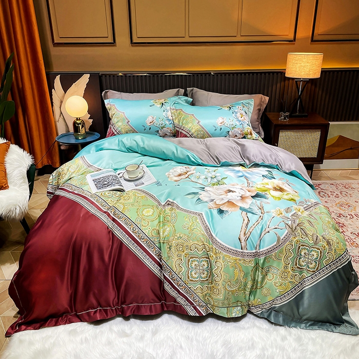 91家纺网 家纺一手货源 找家纺 梵克保罗 2025春夏新款天丝数码大版印花四件套 花香琉璃-红