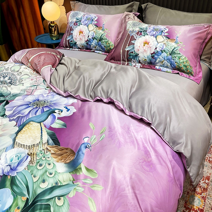 91家纺网 家纺一手货源 找家纺 梵克保罗 2025春夏新款天丝数码大版印花四件套 华尔兹-玫红