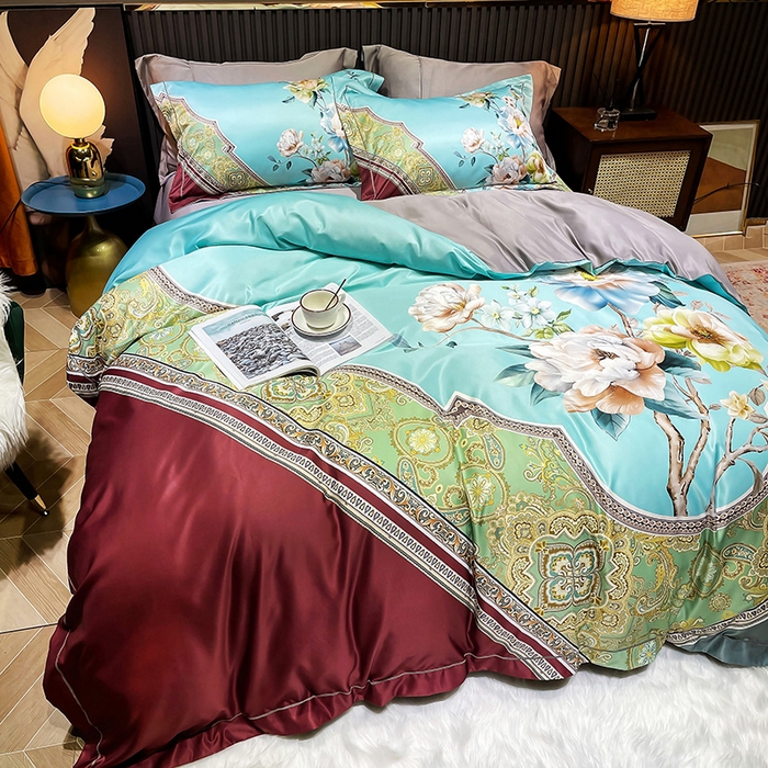 91家纺网 家纺一手货源 找家纺 梵克保罗 2025春夏新款天丝数码大版印花四件套 花香琉璃-红