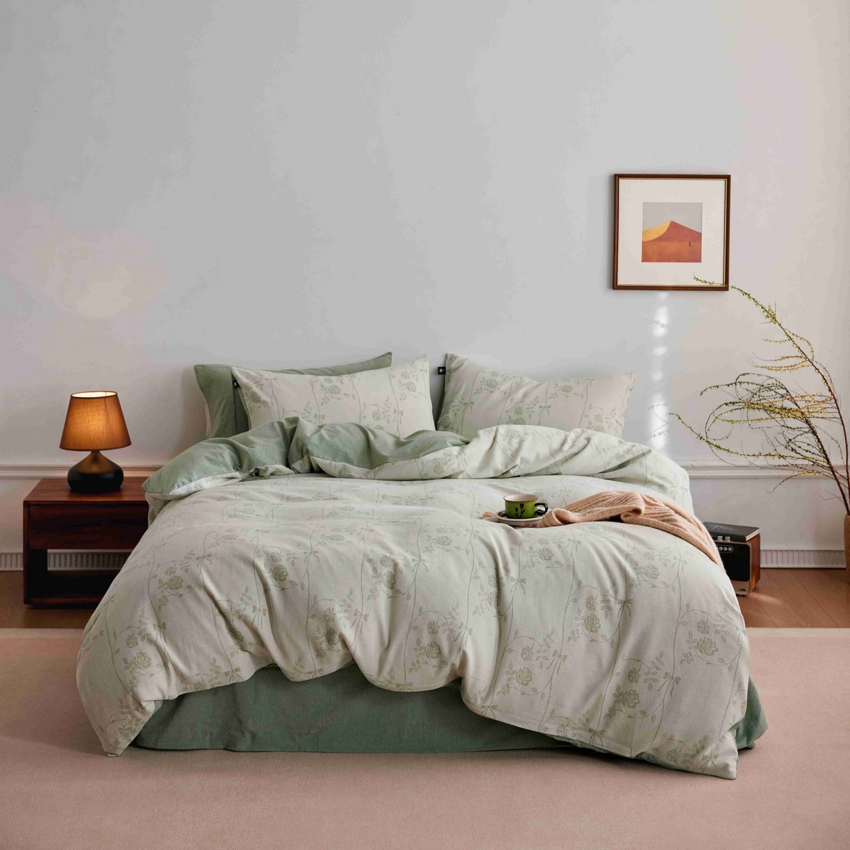 91家纺网 家纺一手货源 找家纺 安莱生活 2025新款60s双层纱色织大提花枝上玫瑰四件套系列 枝上玫瑰-草绿