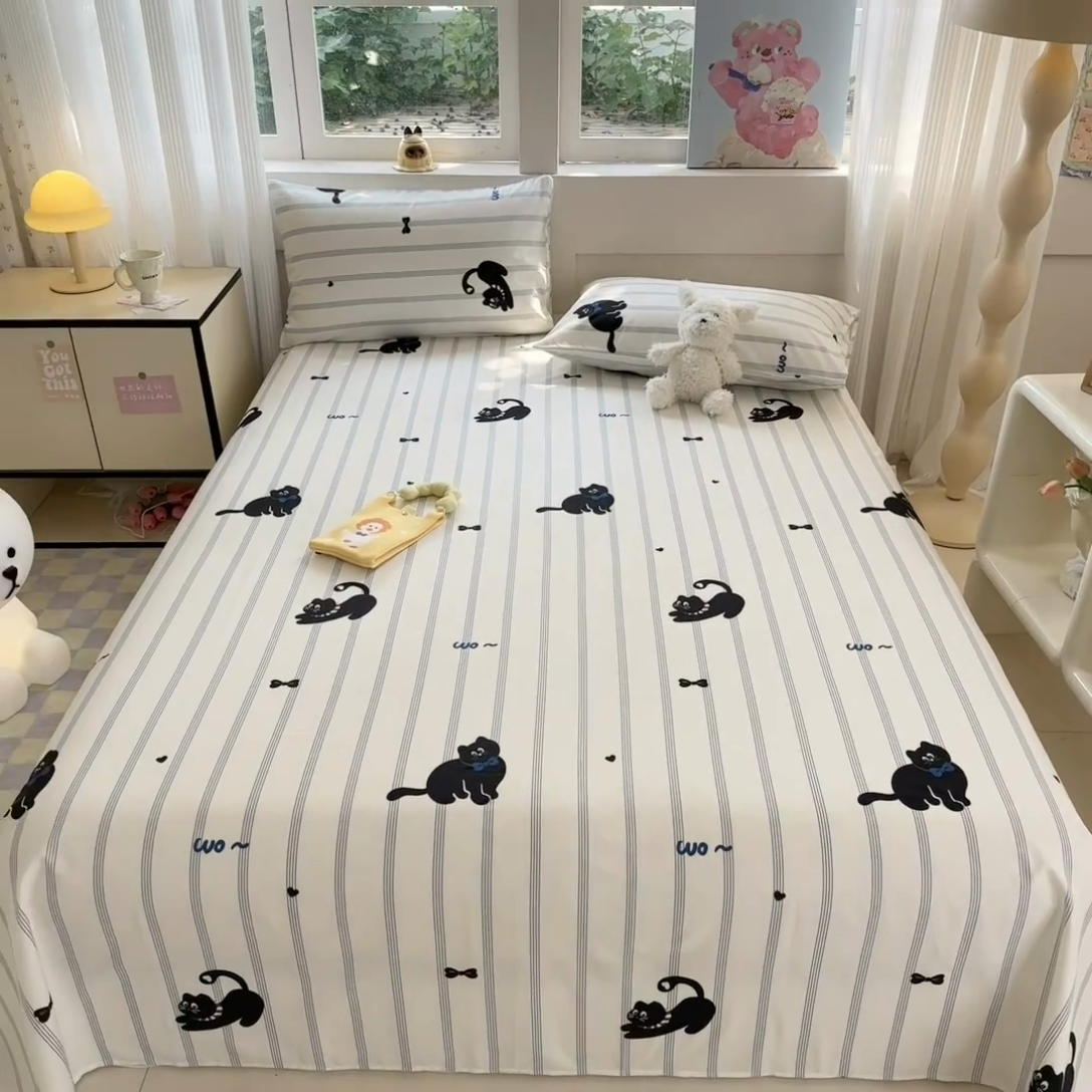 91家纺网 家纺一手货源 找家纺 吉象家纺 2025新款高支密全棉印花单品系列-单床单 线条猫咪