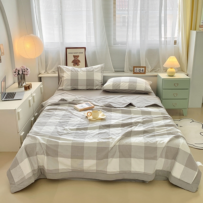 91家纺网 家纺一手货源 找家纺 水洗的故事 2025新款全棉色织水洗棉棉花夏被被子被芯 椰灰大格