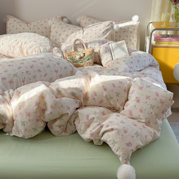 91家纺网 家纺一手货源 找家纺 金爱家 2025新款亲肤舒适纯棉双层纱四件套 双层纱-梦幻玫瑰蝴蝶