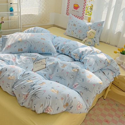 优选 2025新款加厚云感棉双层纱四件套小碎花被套床单床笠款学生三件套新款直播热款 小猫时光-蓝