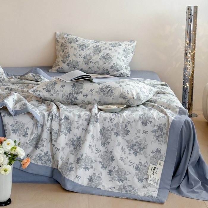 91家纺网 家纺一手货源 找家纺 大彩家居 2025新款全棉有氧水洗纱布夏被夏凉被 兰玫瑰