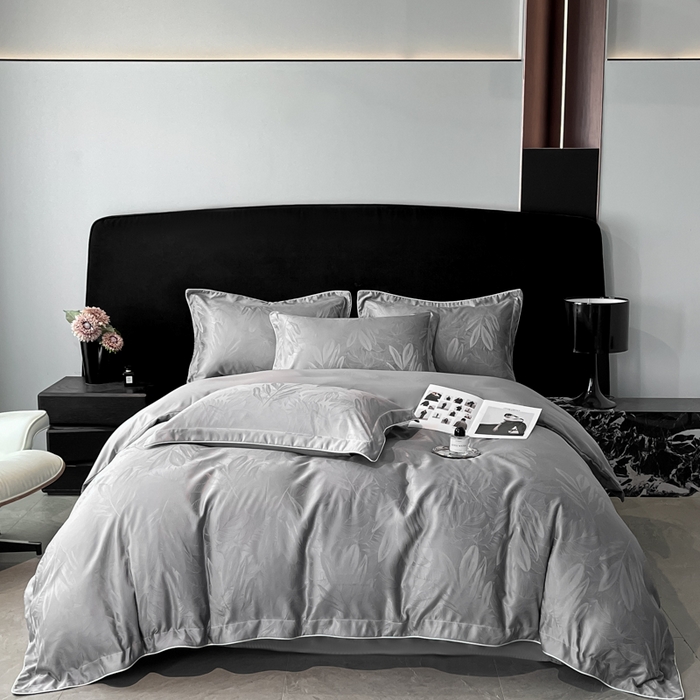 91家纺网 家纺一手货源 找家纺 米彩家纺 2025新款A类水洗真丝天丝提花四件套 一叶深情高级灰