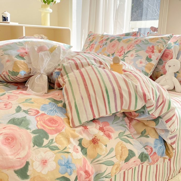 91家纺网 家纺一手货源 找家纺 宜家坊 2025早春新品全棉纯棉喷气13070小清新印花纯棉四件套-风格二 满溪