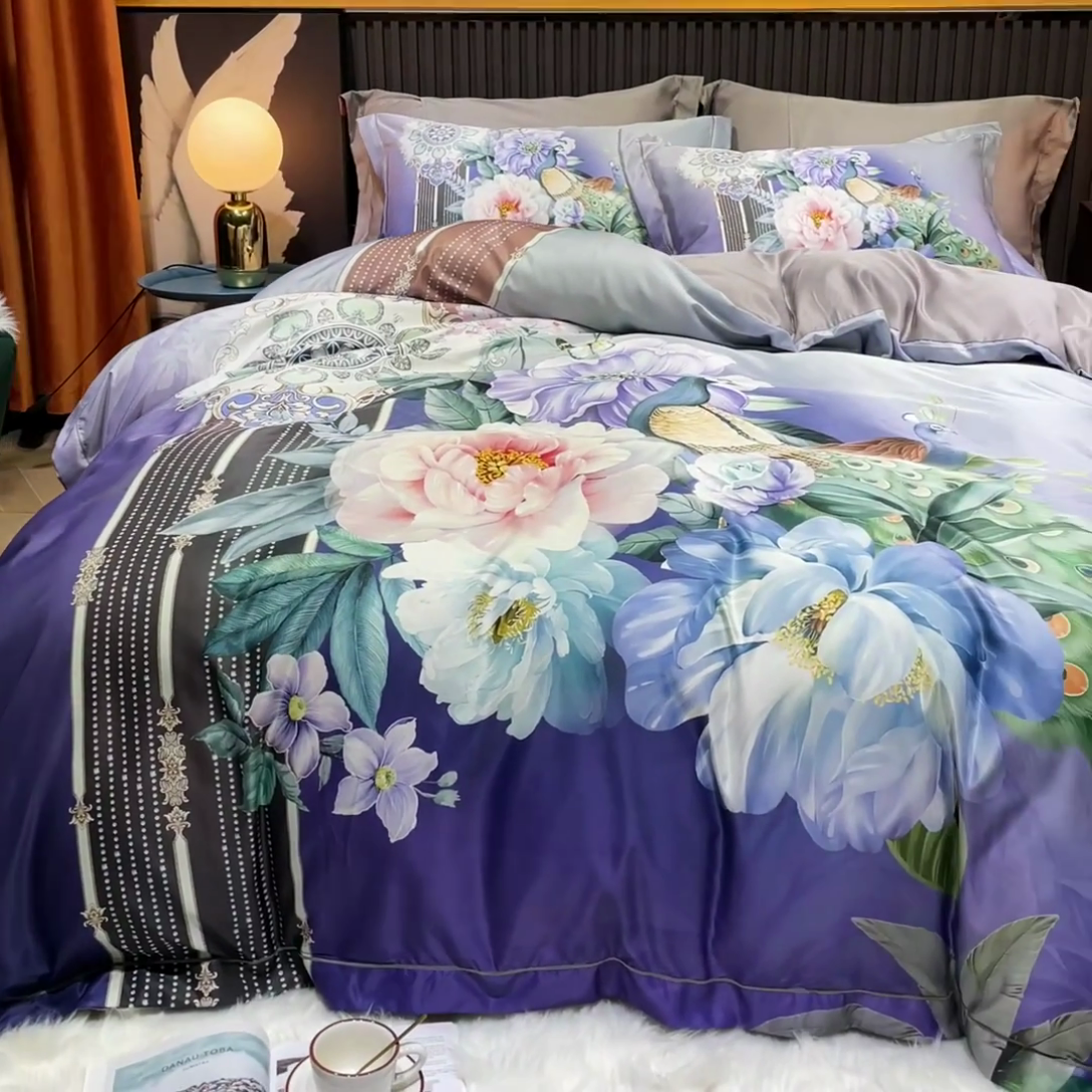 91家纺网 家纺一手货源 找家纺 梵克保罗 2025春夏新款天丝数码大版印花四件套 华尔兹-紫