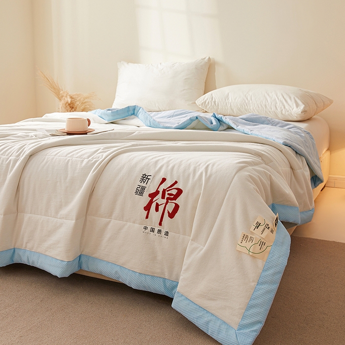 91家纺网 家纺一手货源 找家纺 熙宴家纺 2025新款水洗棉100%新疆棉花夏被-月光白 月光白+蓝