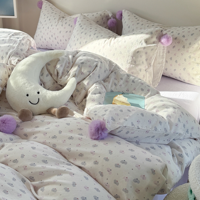 91家纺网 家纺一手货源 找家纺 金爱家 2025新款亲肤舒适纯棉双层纱四件套 双层纱-芋泥紫小象