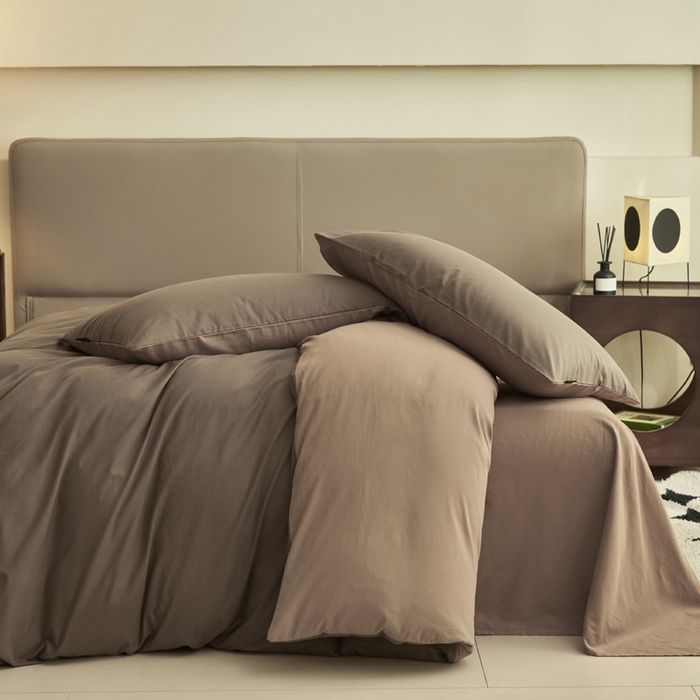 91家纺网 家纺一手货源 找家纺 2025新款全棉13372水洗棉双拼四件套（影棚暗光） 40暖木棕+拾柴