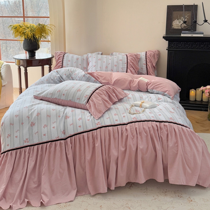 91家纺网 家纺一手货源 找家纺 沐慕 2025新款法式针织双层纱印花系列四件套 卡曼