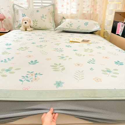 2025新款小清新数码印花床笠款冰藤席 床笠叶雨春禾