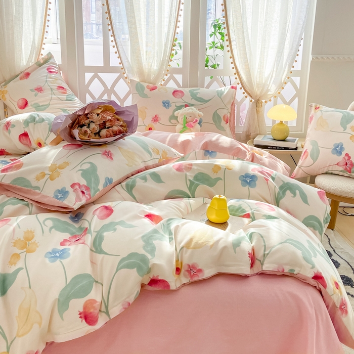 91家纺网 家纺一手货源 找家纺 宜家坊 2025早春新品全棉纯棉喷气13070小清新印花纯棉四件套-风格二 时留