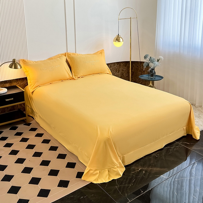 91家纺网 家纺一手货源 找家纺 梵克保罗 2025新款直播热卖长绒棉刺绣花边四件套-繁星系列 繁星-柠檬黄