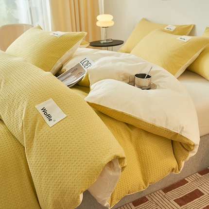 2025新款40S纯棉华夫格四件套 华夫格-黄绿