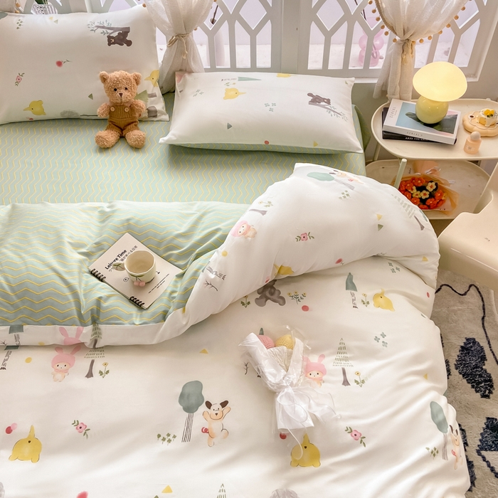 91家纺网 家纺一手货源 找家纺 宜家坊 2025早春新品全棉纯棉喷气13070小清新印花纯棉四件套-风格二 秘森茶话会