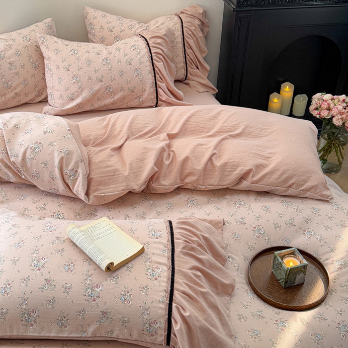 91家纺网 家纺一手货源 找家纺 沐慕 2025新款法式针织双层纱印花系列四件套 春和