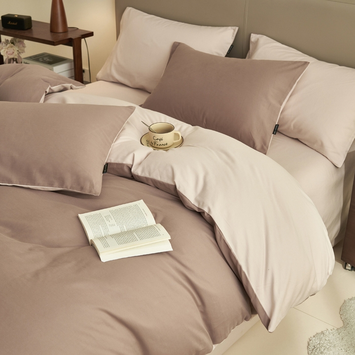 91家纺网 家纺一手货源 找家纺 2025新款全棉13372水洗棉双拼四件套（影棚亮光） 暗香紫砂+40驼