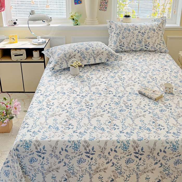 91家纺网 家纺一手货源 找家纺 大柏树 2025新款全棉13376印花四件套系列（可定制）-单床单青野花梦-蓝