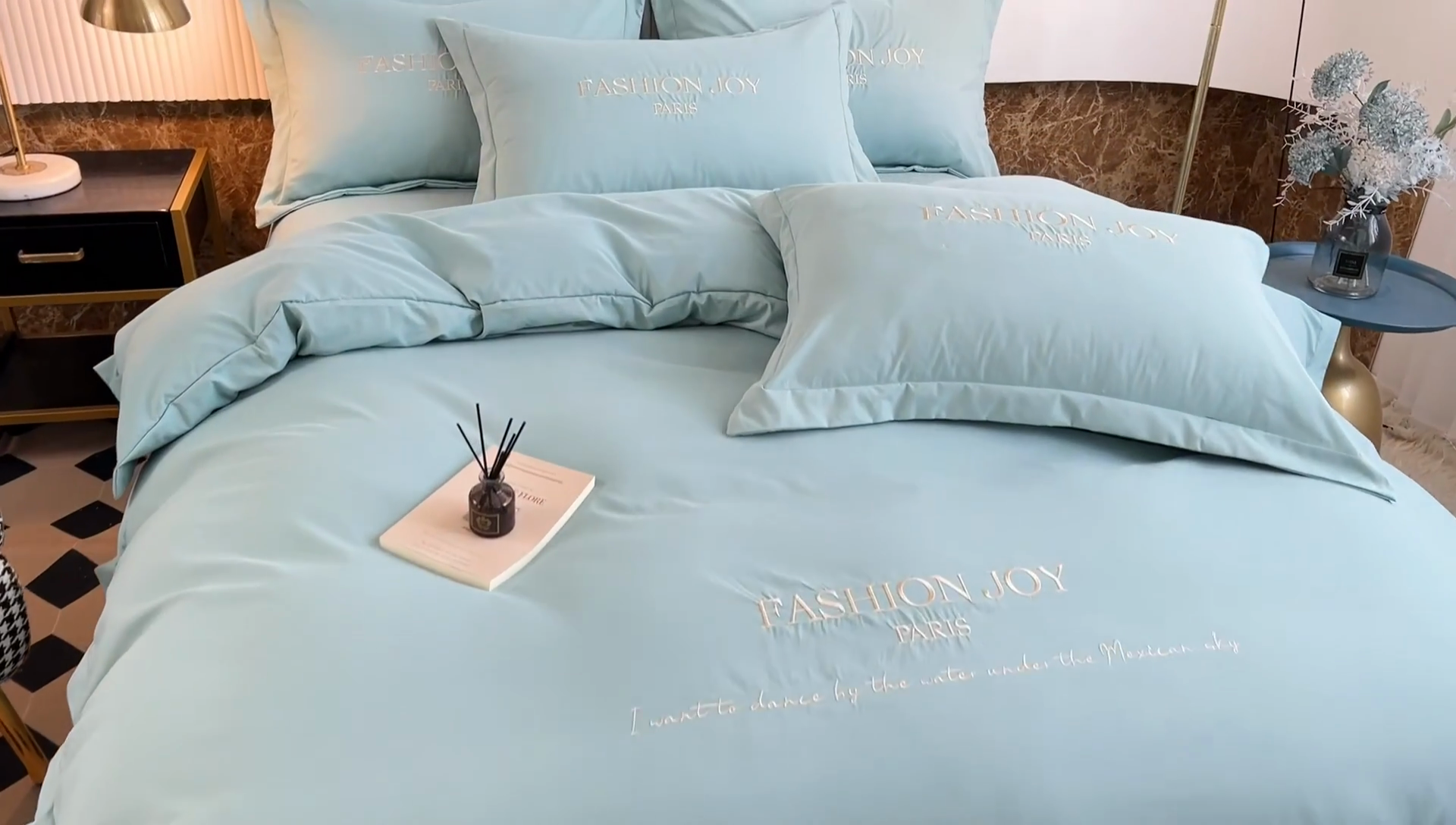 91家纺网 家纺一手货源 找家纺 梵克保罗 2025新款直播热卖长绒棉刺绣花边四件套-繁星系列 繁星-梵星绿