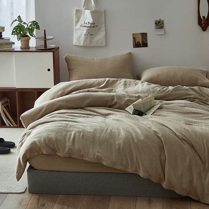 91家纺网 家纺一手货源 找家纺 水洗的故事 2025新款全棉A类皱皱纱纯色混搭四件套 米茶