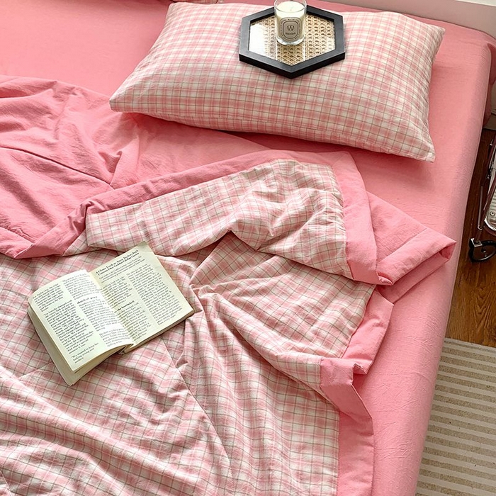 91家纺网 家纺一手货源 找家纺 水洗的故事 2025新款全棉色织水洗棉夏被&四件套 春桃格