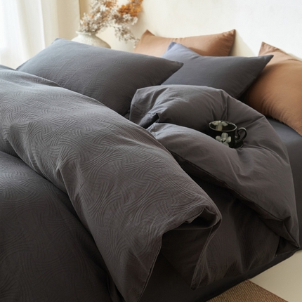 2025新款纯棉水洗棉三层线球纹提花四件套 毛线纹四件套-暗灰