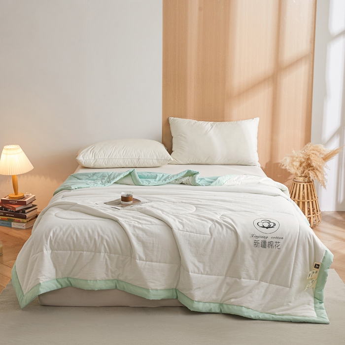 91家纺网 家纺一手货源 找家纺 熙宴家纺 2025新款水洗棉100%新疆棉花夏被-棉白 棉白+绿
