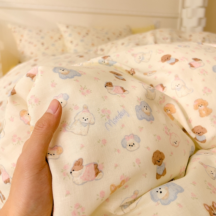 91家纺网 家纺一手货源 找家纺 DoDo 兜兜 2025新款全棉双层纱印花单被套（可定做尺寸） 彩色小狗