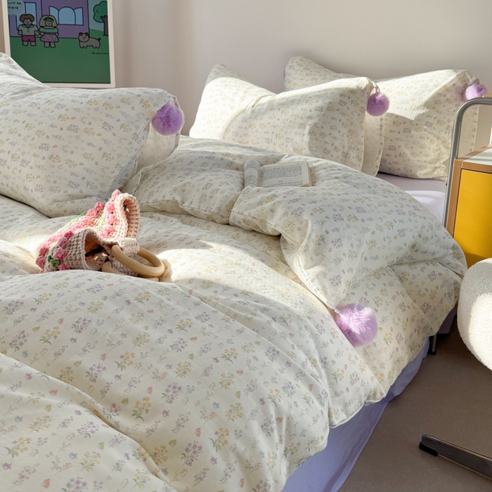 91家纺网 家纺一手货源 找家纺 金爱家 2025新款亲肤舒适纯棉双层纱四件套 双层纱-紫碎花小兔