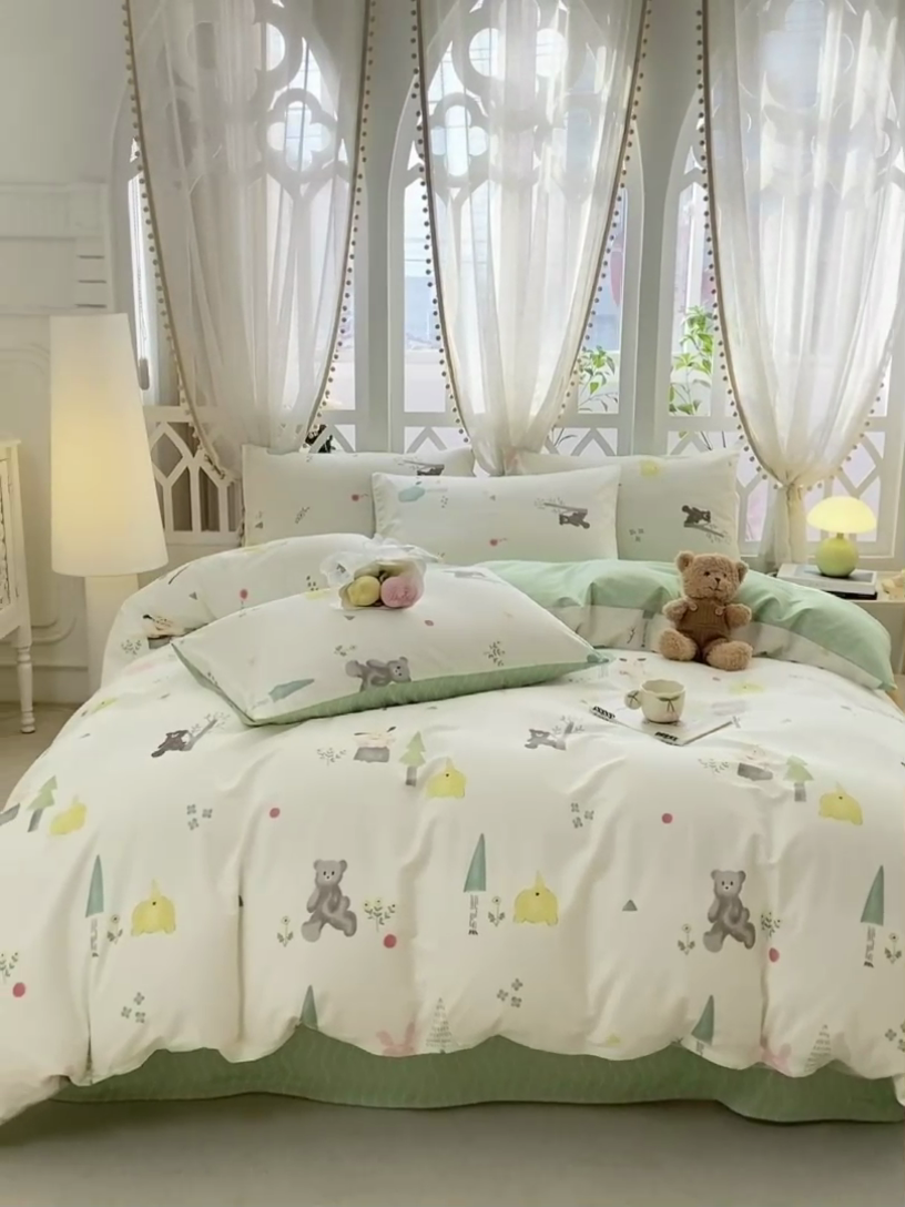 91家纺网 家纺一手货源 找家纺 宜家坊 2025早春新品全棉纯棉喷气13070小清新印花纯棉四件套-风格二 秘森茶话会