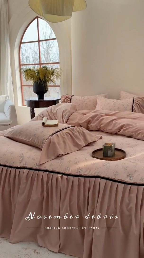 91家纺网 家纺一手货源 找家纺 沐慕 2025新款法式针织双层纱印花系列四件套 春和