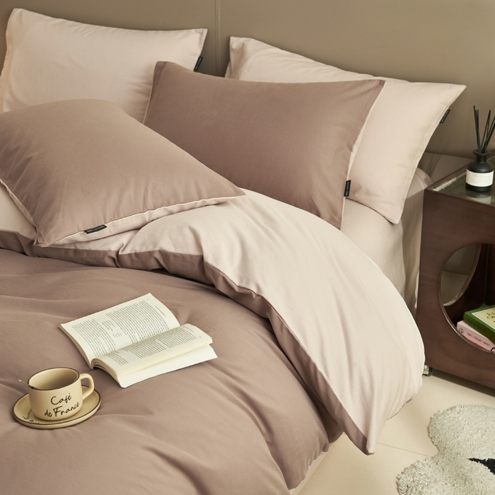 91家纺网 家纺一手货源 找家纺 2025新款全棉13372水洗棉双拼四件套（影棚亮光） 暗香紫砂+40驼