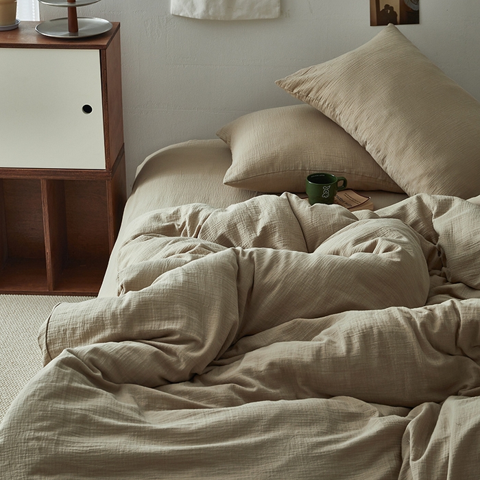 91家纺网 家纺一手货源 找家纺 水洗的故事 2025新款全棉A类皱皱纱纯色混搭四件套 米茶