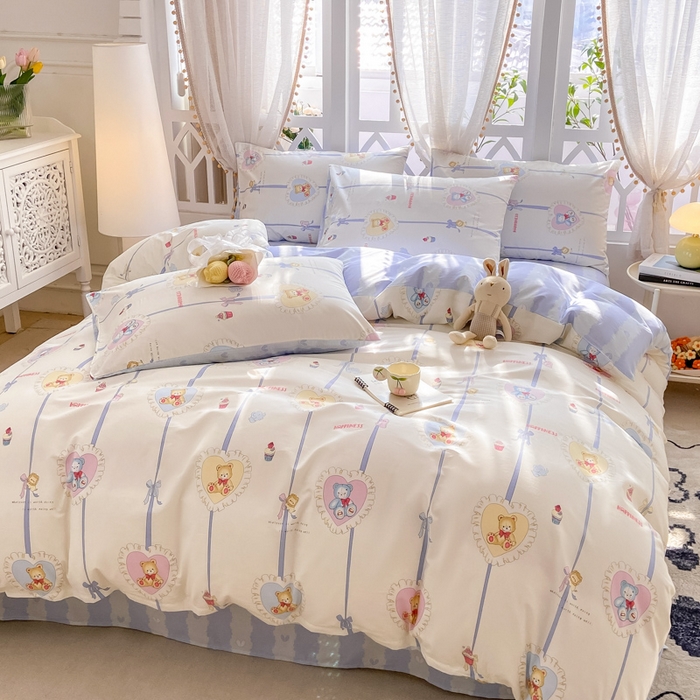 91家纺网 家纺一手货源 找家纺 宜家坊 2025早春新品全棉纯棉喷气13070小清新印花纯棉四件套-风格二 熊美眉